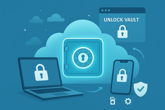 Cloud-based data vault secured by locks on laptop, phone, and tablet.