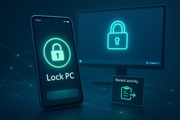Neon security scene: a phone shows 'Lock PC' with a glowing padlock beside a monitor lock icon.