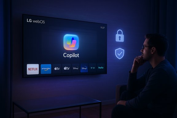 A man sits in a dark room, watching a large LG webOS screen featuring Copilot and streaming apps.
