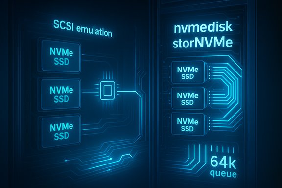 Blue neon diagram of NVMe SSDs arranged under SCSI emulation with a 64k queue.