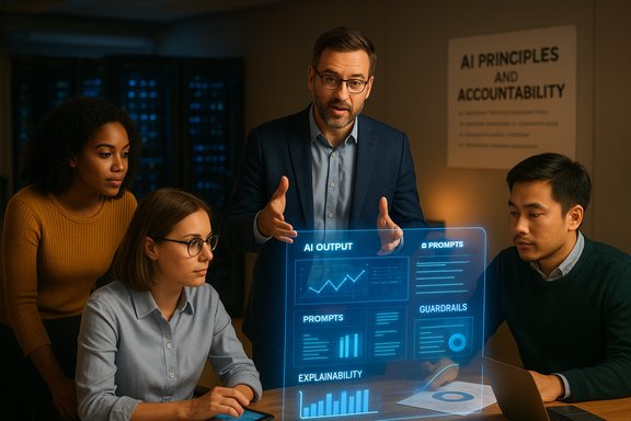 A diverse team watches a glowing AI dashboard with charts in a dim office.