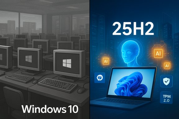 Split image: grayscale Windows 10 lab on the left; AI-driven Windows 11 (25H2) on the right.