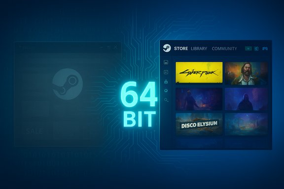 Neon 64-BIT glow beside a Steam Store UI showing game thumbnails.