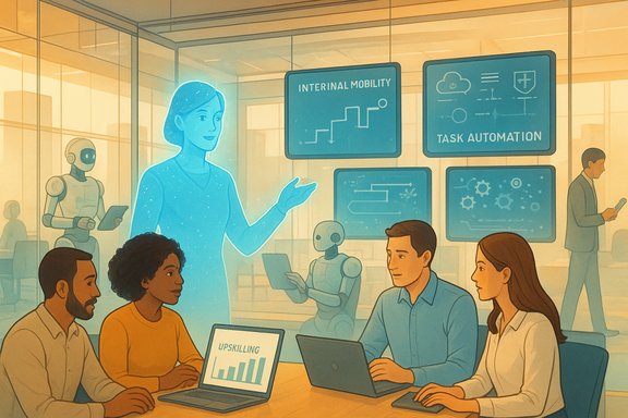 In a futuristic office, a holographic mentor leads a team on upskilling and automation.