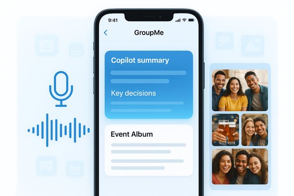 GroupMe on iPhone showing Copilot summary, key decisions, and an event photo album.
