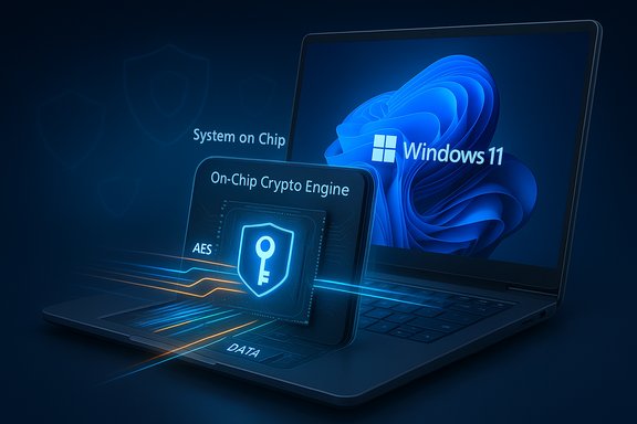 Windows 11 laptop featuring an on-chip crypto engine and secure AES data shield.