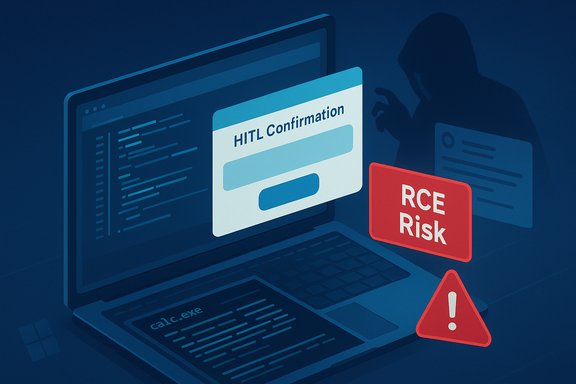 Cybersecurity illustration of HITL Confirmation and RCE Risk on a laptop with a hooded attacker.
