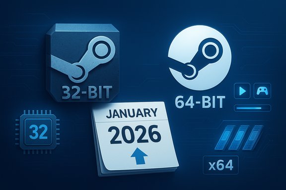 Steam 32-bit and 64-bit logos with a January 2026 calendar.