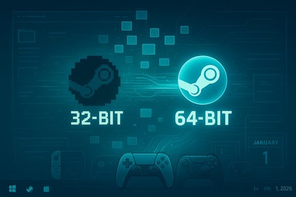 32-bit to 64-bit gaming transition with Steam icon and controllers.