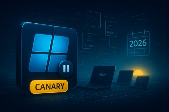 A futuristic blue CANARY icon with Windows-style tiles in a digital tech scene.