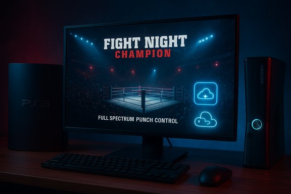 A gaming setup shows Fight Night Champion on a monitor, flanked by a PS3 and an Xbox tower.
