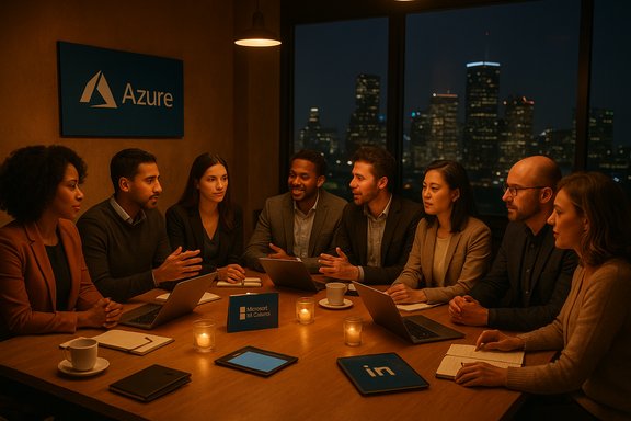 A diverse team of professionals in a dimly lit Azure conference room, collaborating around a table.