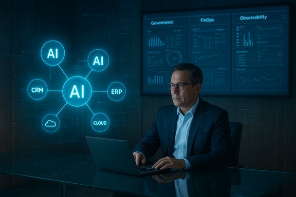 A businessman works on a laptop beside a glowing holographic AI network diagram.