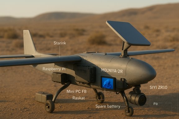 Molniya-2R drone equipped with Raspberry Pi, Mini PC F8, Raskat, and spare battery in a desert.