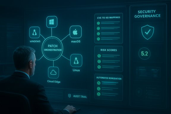 A professional reviews a holographic patch orchestration dashboard linking Windows, macOS, Linux, and Cloud Edge.