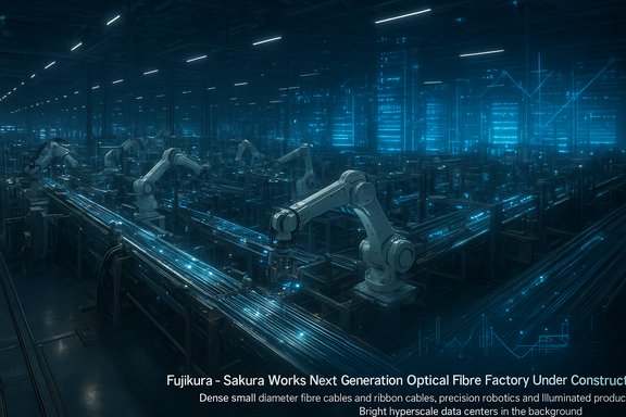 Blue-lit, high-tech factory with robotic arms assembling optical fiber cables.