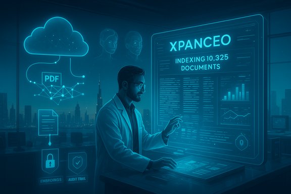 A scientist in a lab coat operates a holographic XPANCEO dashboard indexing 10,325 documents.