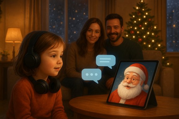 A child wearing headphones chats with Santa on a tablet while the parents watch in a cozy, festive living room.