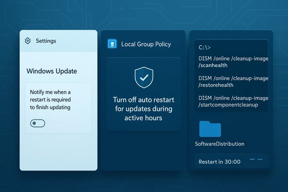 Settings dashboard showing Windows Update options, auto-restart control for active hours, and software distribution commands.