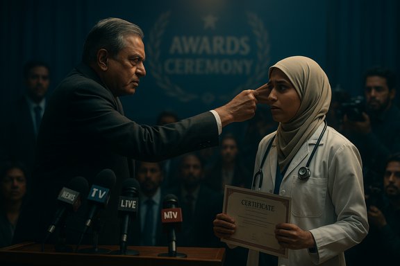 An older man adjusts a hijab-wearing doctor's ear as she receives a certificate at an awards ceremony.