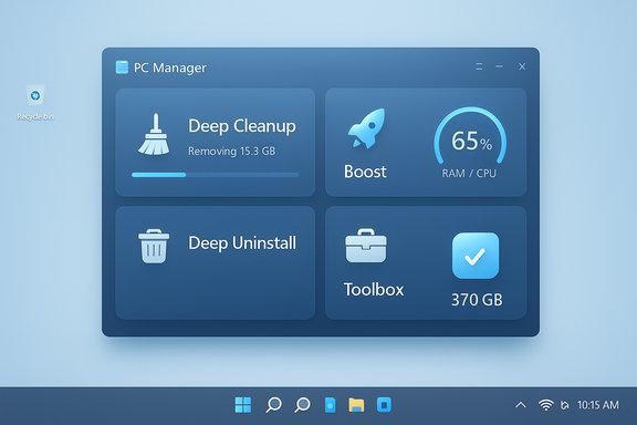 Blue PC Manager UI with four tiles: Deep Cleanup, Boost, Deep Uninstall, and Toolbox.