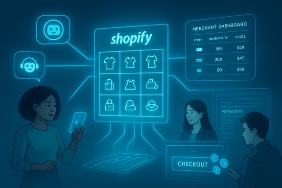 A neon blue Shopify interface with a product grid, checkout, and merchant dashboard.