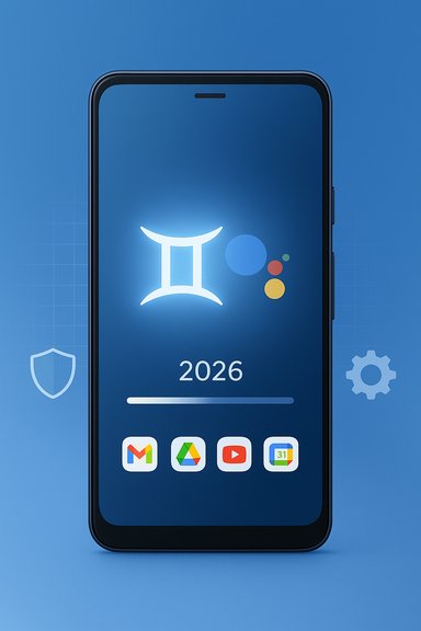 A smartphone screen shows the Google Gemini AI logo with 2026 and app icons on a blue gradient.