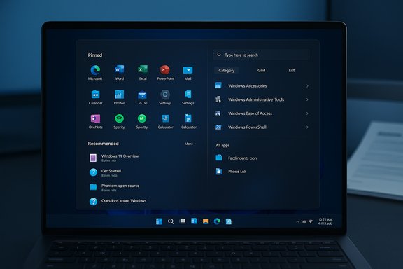 A dark laptop screen displays the Windows-style Start menu with pinned apps and a search panel.