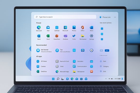 Laptop screen showing Windows 11 Start menu with pinned apps and search bar.
