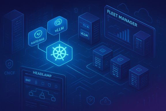 A neon blue Kubernetes cluster diagram with vLLM modules and a fleet manager interface.