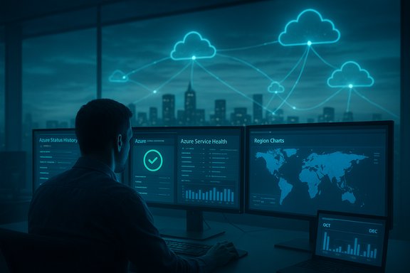 IT professional monitors cloud dashboards on multiple screens with a blue cloud-network backdrop.