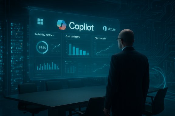 Businessman reviews a holographic Copilot dashboard with charts in a high-tech data room.