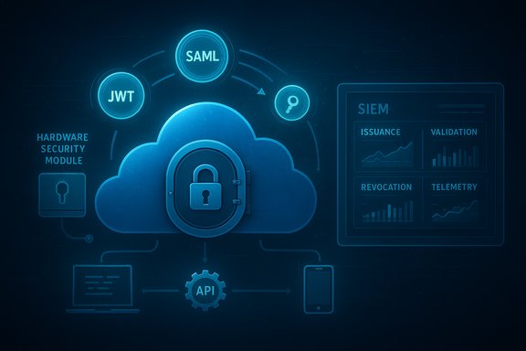 Blue neon cloud with a padlock and security icons (JWT, SAML) for cloud security.