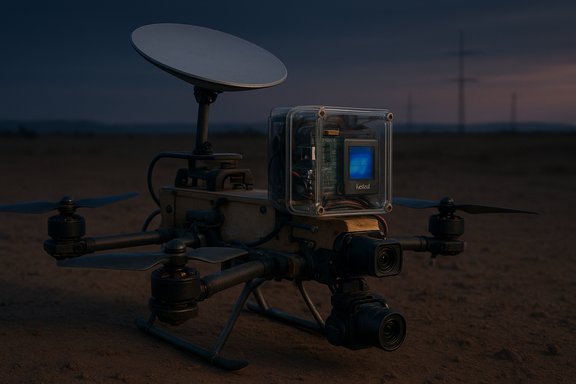 Quadcopter drone with satellite dish and exposed camera rig on a desert at dusk.