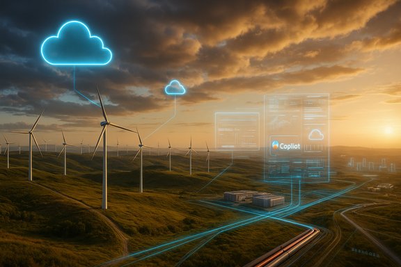 Sunset over a wind farm with neon blue cloud data connections.