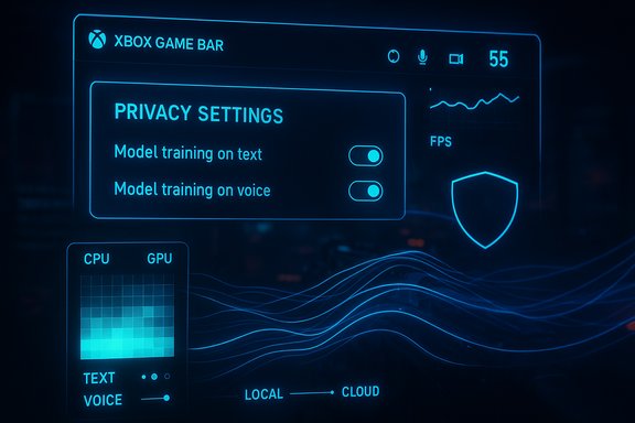 Neon blue Xbox Game Bar UI showing privacy settings toggles and system monitors.