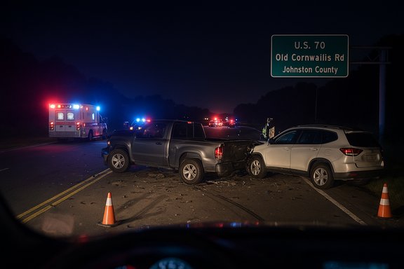 Nighttime highway crash on US-70 with a damaged pickup and SUV and flashing emergency lights.