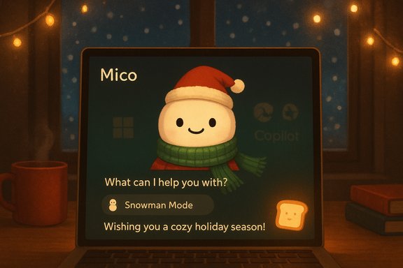 Mico on a cozy laptop screen wearing a Santa hat and scarf, offering Snowman Mode.