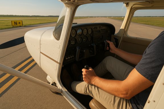 A pilot sits in a small airplane cockpit on the runway, hands on the control yoke. A pilot sits in a small airplane cockpit on the runway, hands on the control yoke.