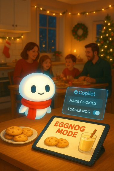 Cozy holiday kitchen with a friendly Copilot robot, cookies, and eggnog mode.