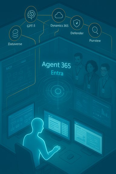 A security operations center for Agent 365 Entra, featuring AI tools like GPT-5, Defender, and Purview.