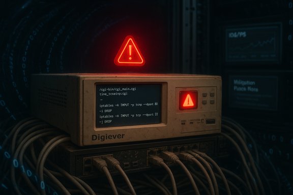 An old Digiever console with red warning triangles, a terminal screen, and tangled cables.