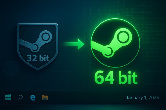 A 32-bit Steam shield transitions into a glowing 64-bit Steam icon.