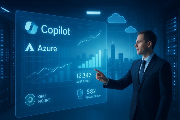 Businessman interacts with a holographic dashboard showing Copilot and Azure analytics.