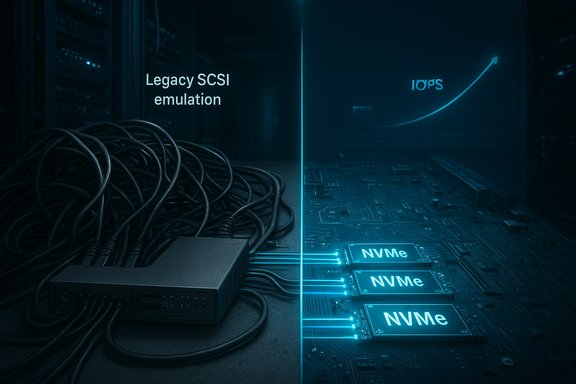 Split-screen: legacy SCSI emulation with tangled cables on the left, NVMe drives with rising IOPS on the right.