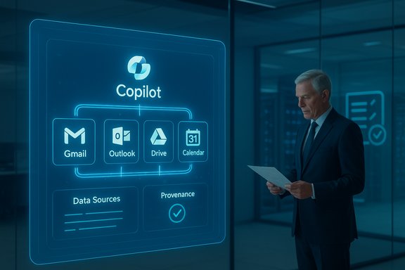 A businessman studies a holographic Copilot dashboard showing Gmail, Outlook, Drive, and Calendar.