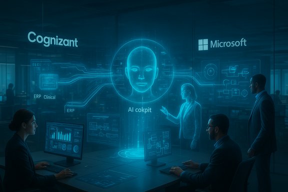 Team members operate around a holographic AI cockpit, with Cognizant and Microsoft logos nearby.