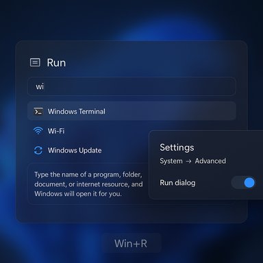 Dark blue blurred background with a Run dialog showing 'wi' and options like Windows Terminal and Wi‑Fi.