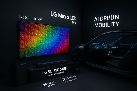 LG showroom featuring Micro LED evo display, AI mobility car silhouette, and modular wireless sound system.