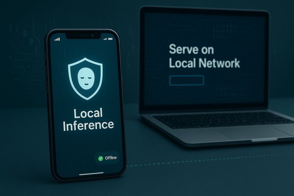 Phone screen shows 'Local Inference' with a shield icon; a laptop in the background reads 'Serve on Local Network.'